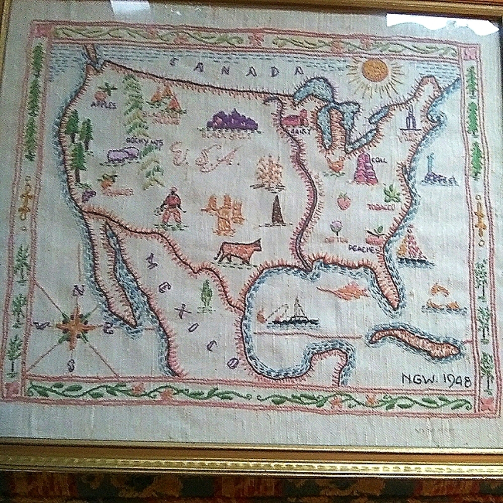 Vintage embroidered map north america
